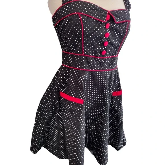 Hell Bunny | Black Polka Dot Red Trim Sweetheart Halter Fit & Flare Dress - Picture 3 of 14